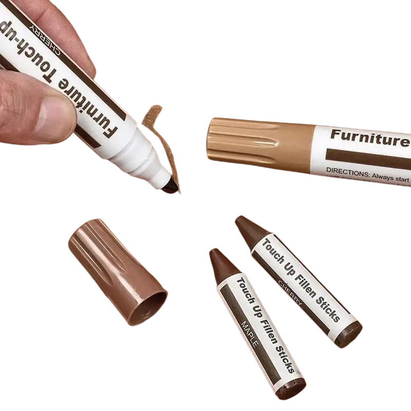 White and brown wooden furniture repair paint pen with black tip and matching filler sticks for furniture repair restoration