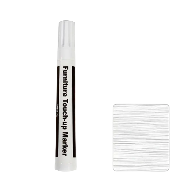 White wooden furniture repair paint pen with sleek cylindrical body and black labeling for scratch restoration