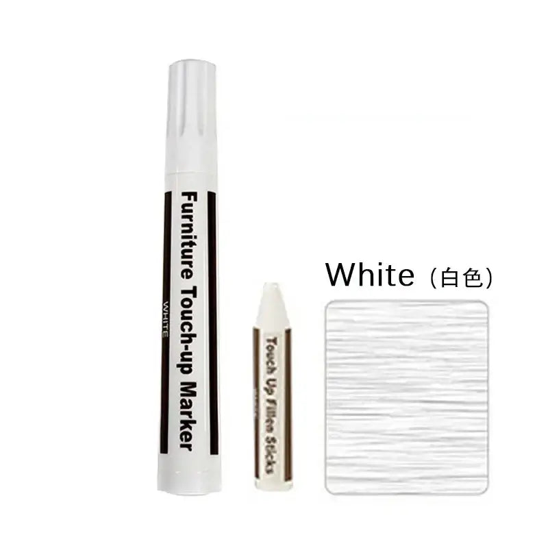 White wooden furniture repair paint pen with sleek cylindrical body and matching white furniture repair pen refill stick