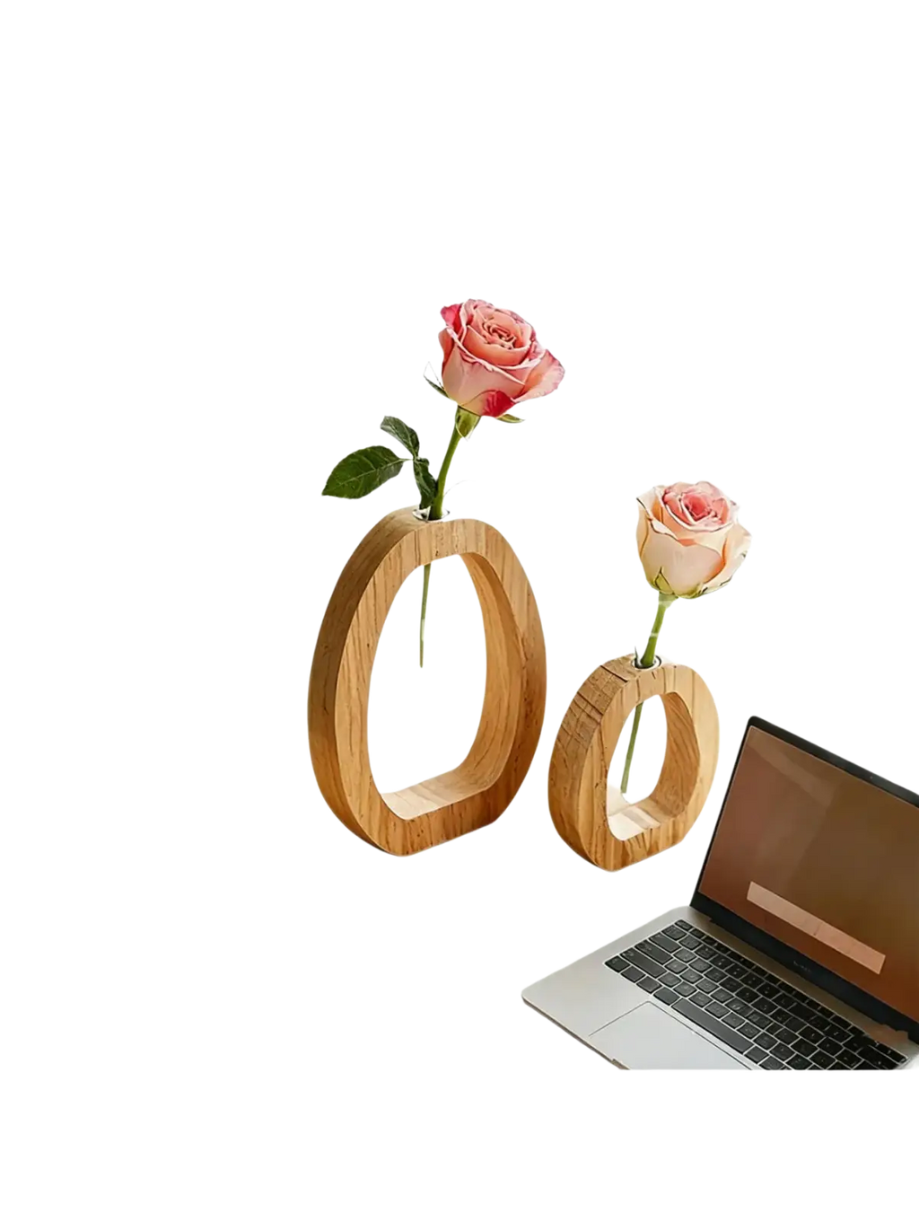 Two minimalist wooden glass bud vases holding single pink roses for desk decor in a set of one large and one small