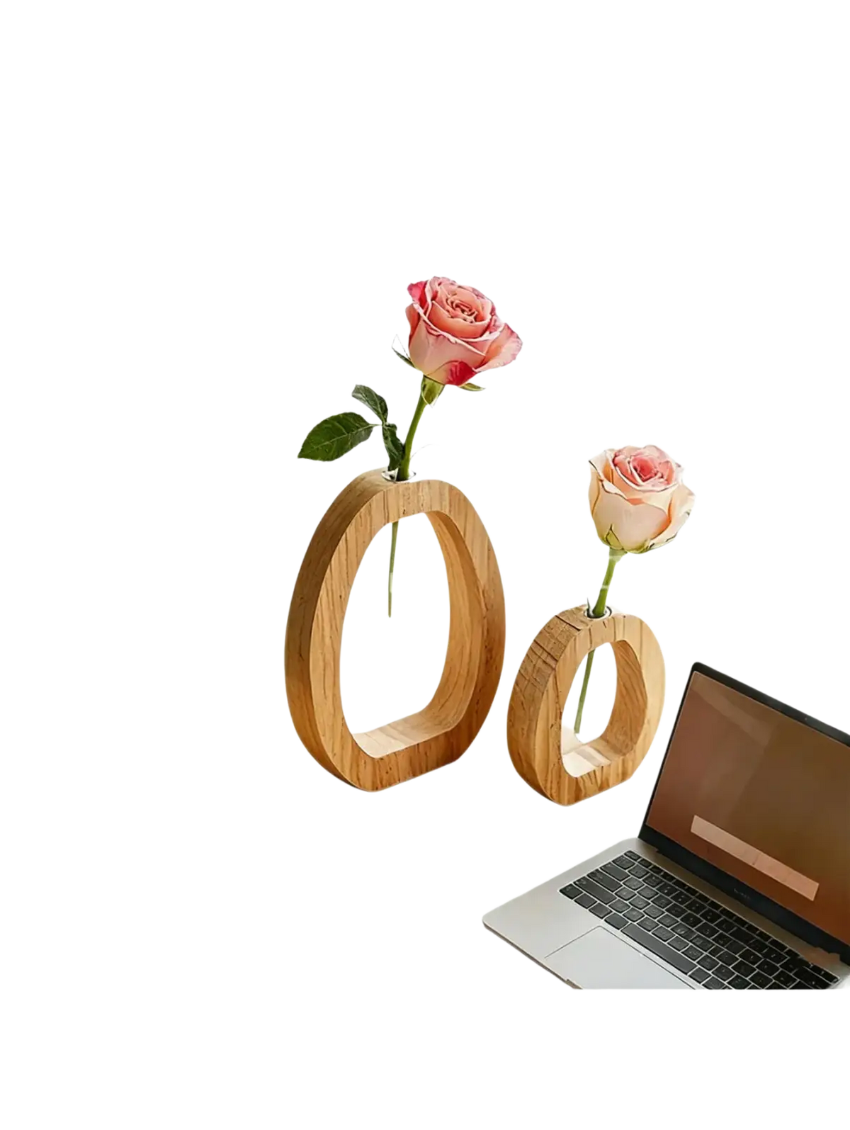 Two minimalist wooden glass bud vases holding single pink roses for desk decor in a set of one large and one small