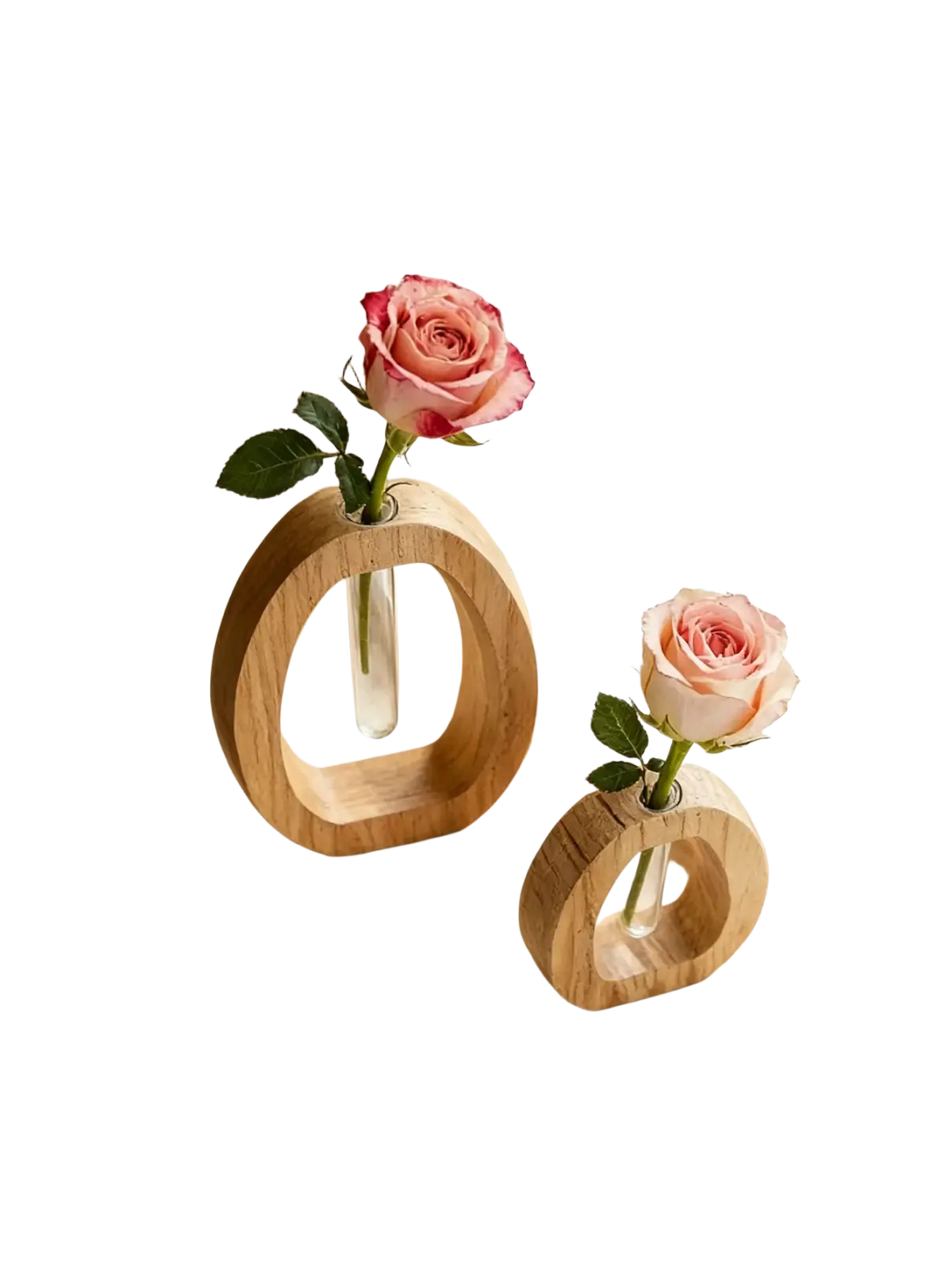 Two minimalist wooden oval vases with clear glass tubes each holding a single pink rose for desk decor