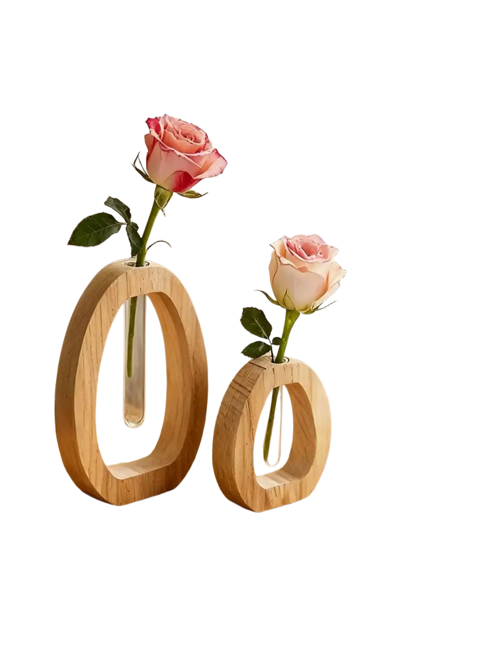 Two minimalist wooden glass bud vases with clear tubes each holding a single pink rose for desk decor