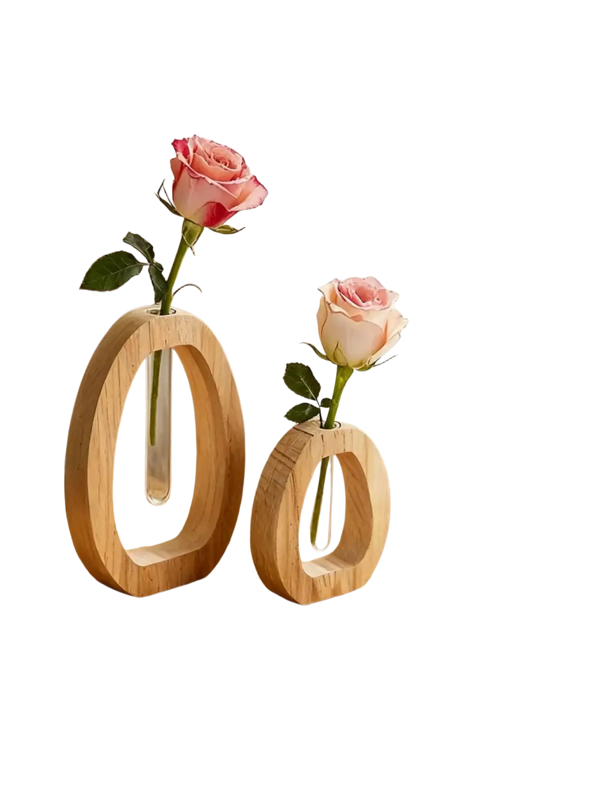 Two minimalist wooden glass bud vases with clear tubes each holding a single pink rose for desk decor