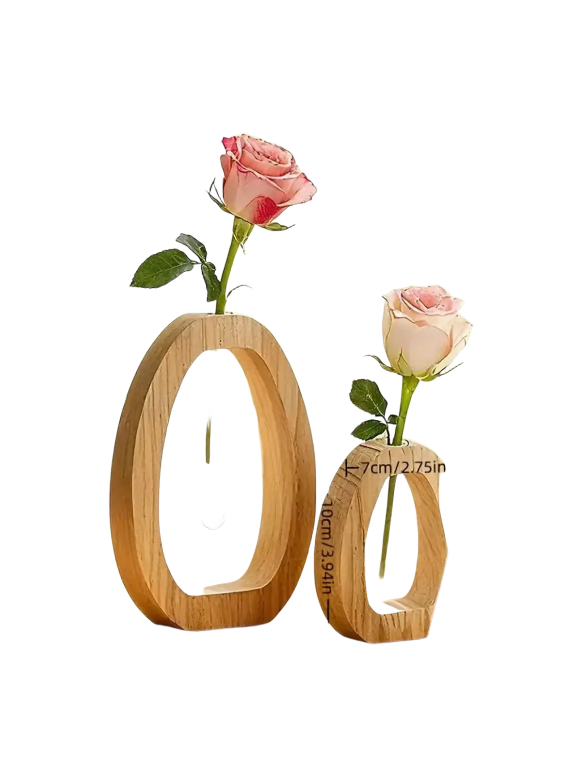 Two minimalist wooden oval vases with clear glass tubes each holding a pink rose for desk decor