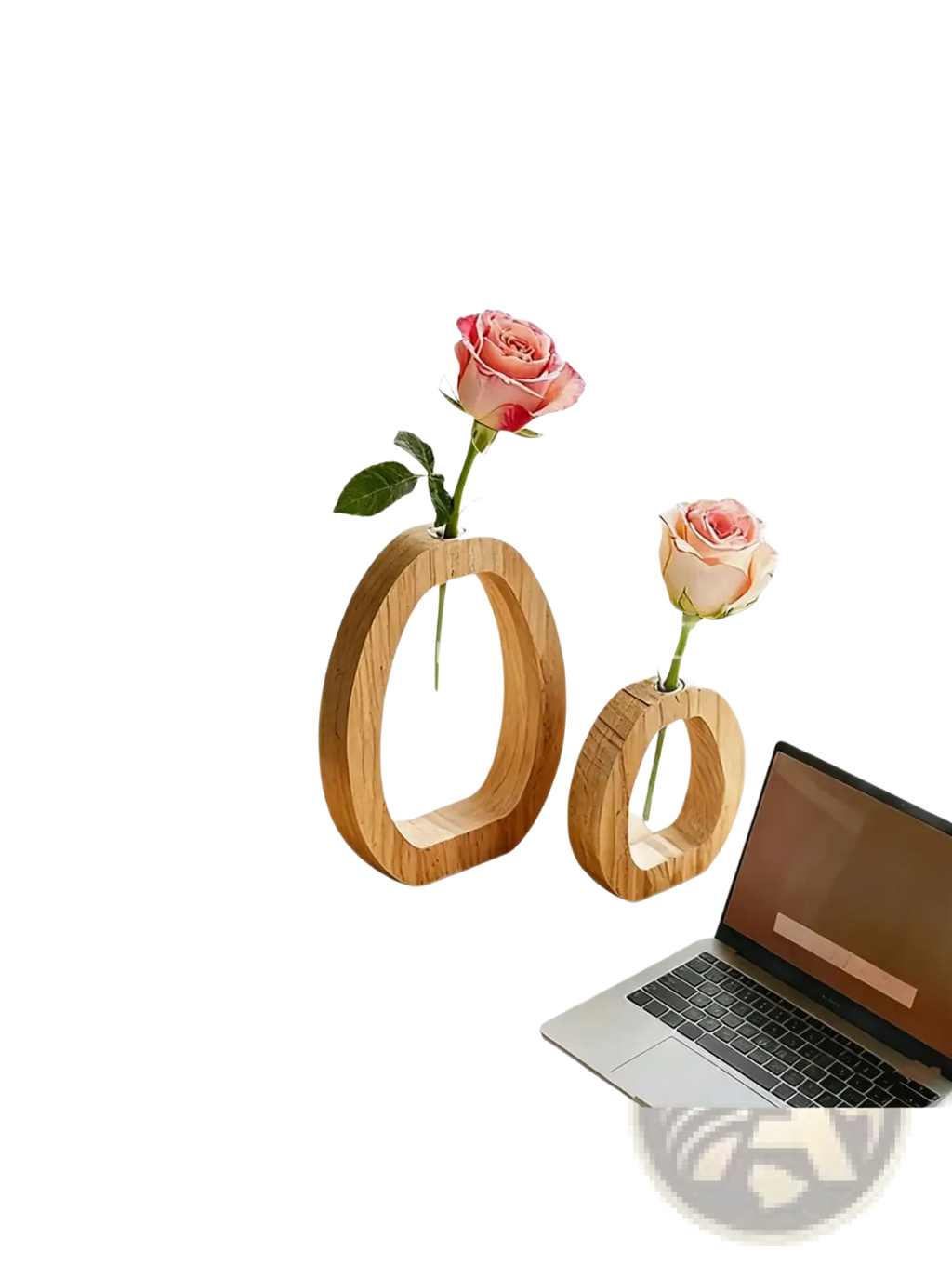 Two minimalist wooden glass bud vases holding single pink roses for desk decor in a set of one large and one small