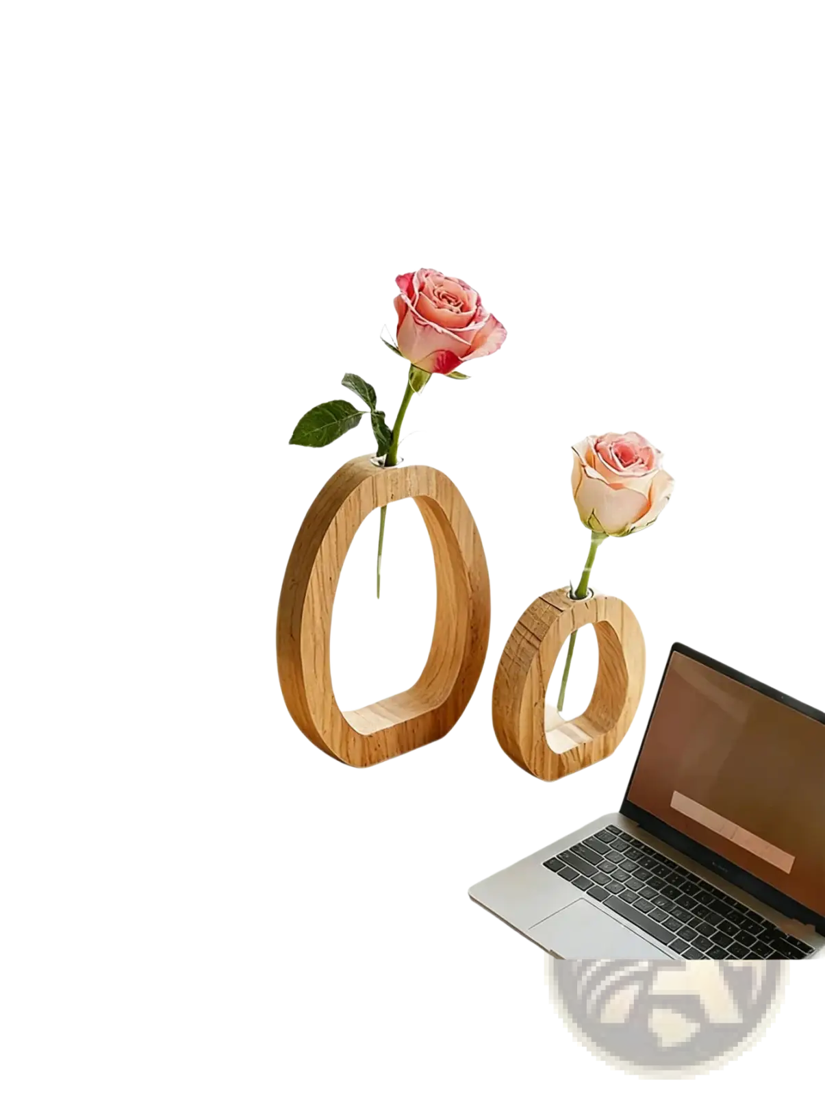 Two minimalist wooden glass bud vases holding single pink roses for desk decor in a set of one large and one small