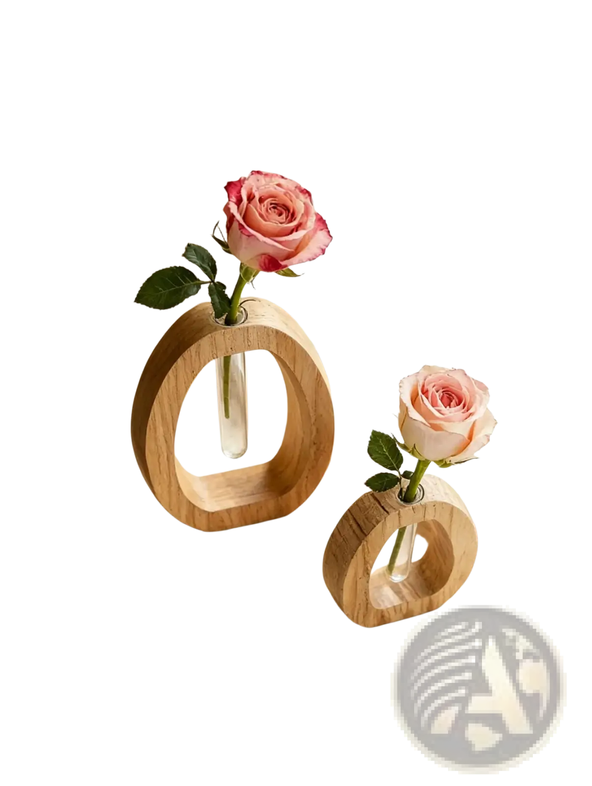 Two minimalist wooden oval vases with clear glass tubes each holding a single pink rose for desk decor