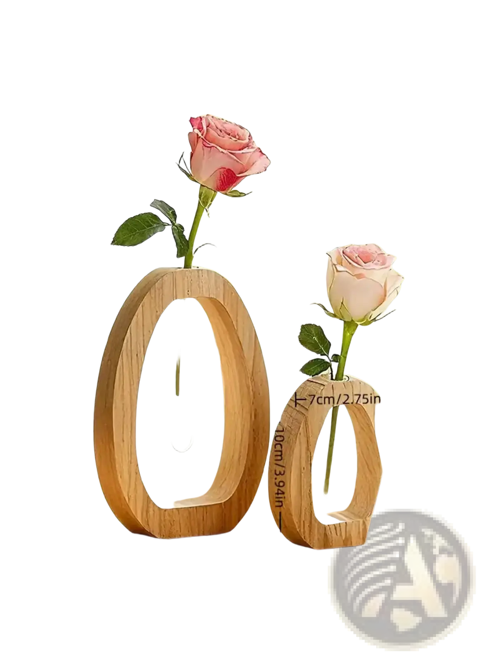 Two minimalist wooden oval vases with clear glass tubes each holding a pink rose for desk decor