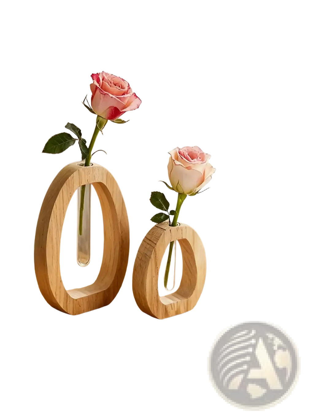 Two minimalist wooden glass bud vases with clear tubes each holding a single pink rose for desk decor
