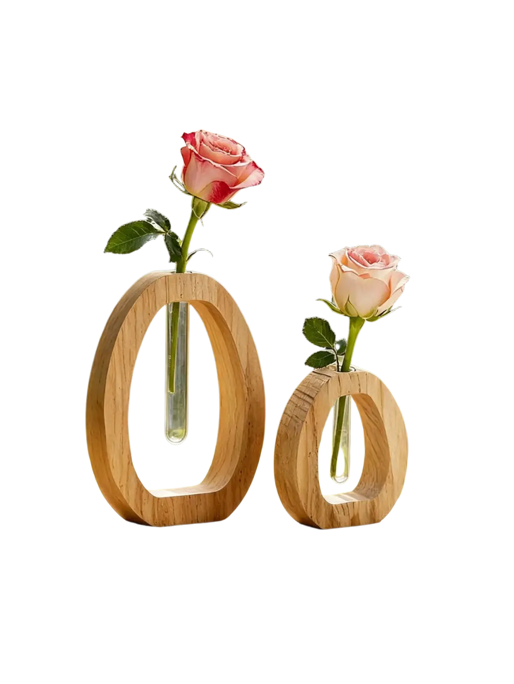 Two wooden oval-shaped vases with clear glass tubes each holding a single pink rose for desk decor