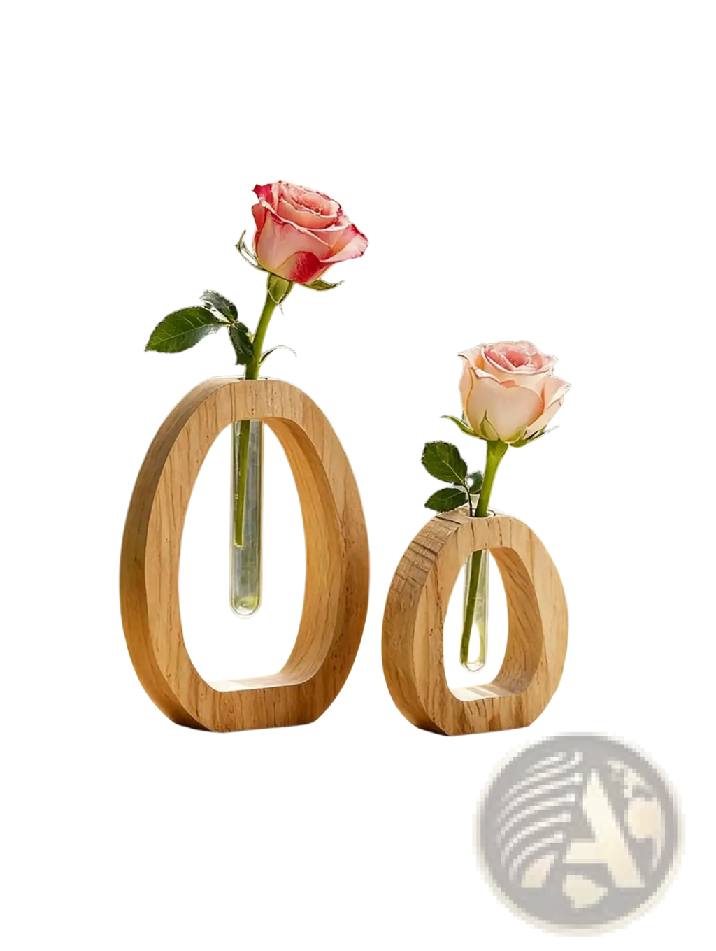 Two wooden oval-shaped vases with clear glass tubes each holding a single pink rose for desk decor