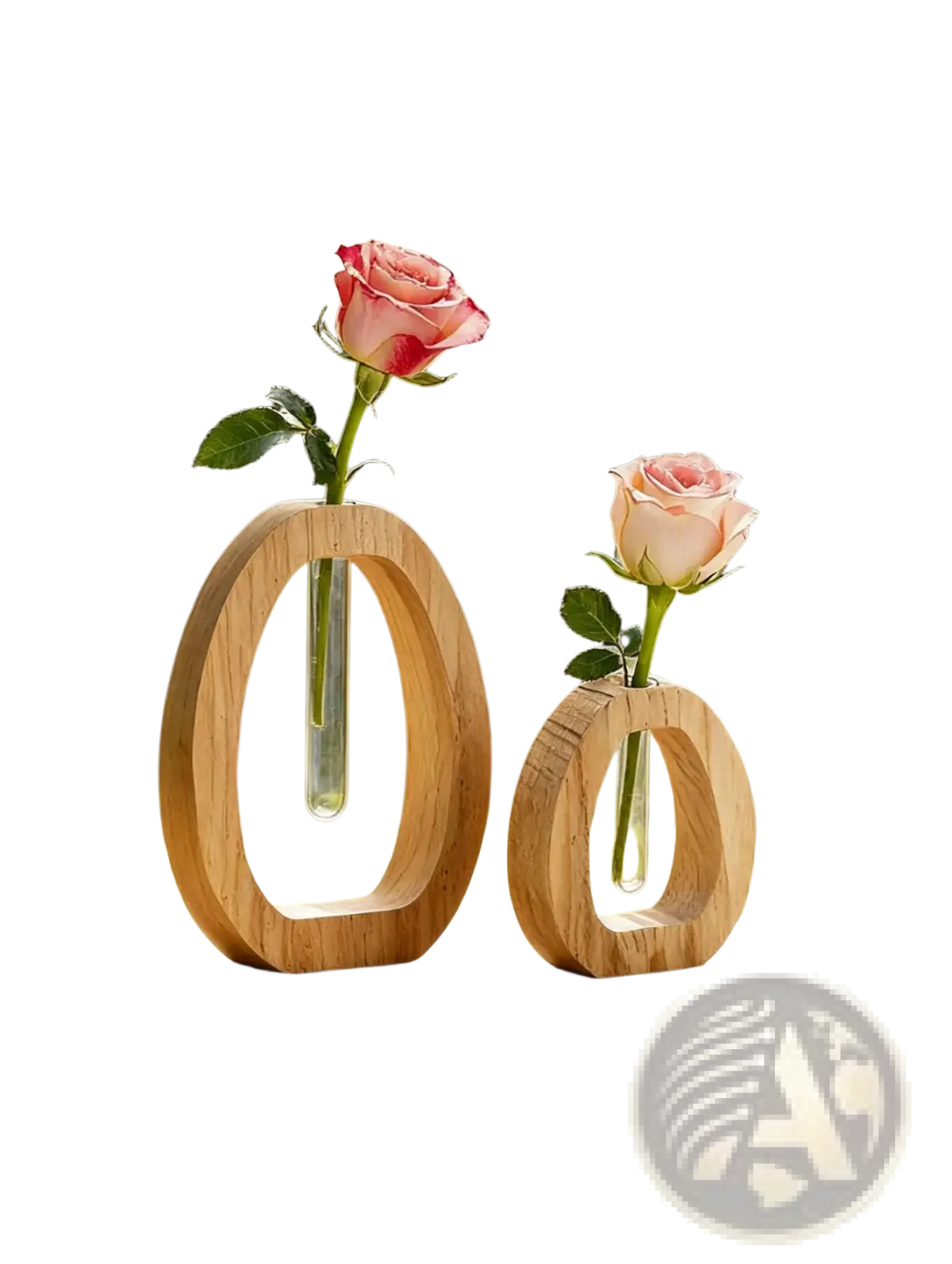Two wooden oval-shaped vases with clear glass tubes each holding a single pink rose for desk decor