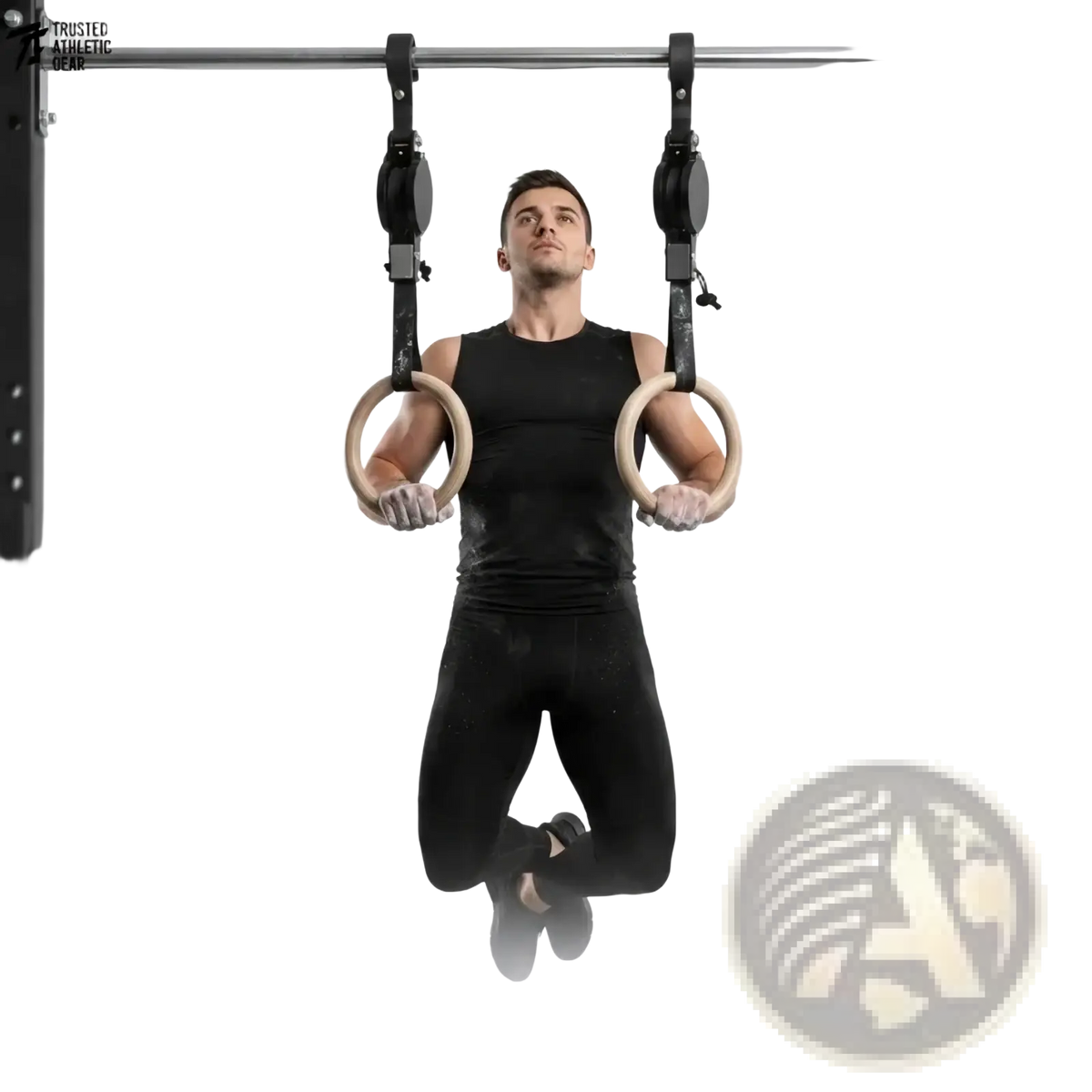 Adjustable wooden gymnastics rings with light-colored wooden rims and black metal adjustment mechanisms with numbered straps