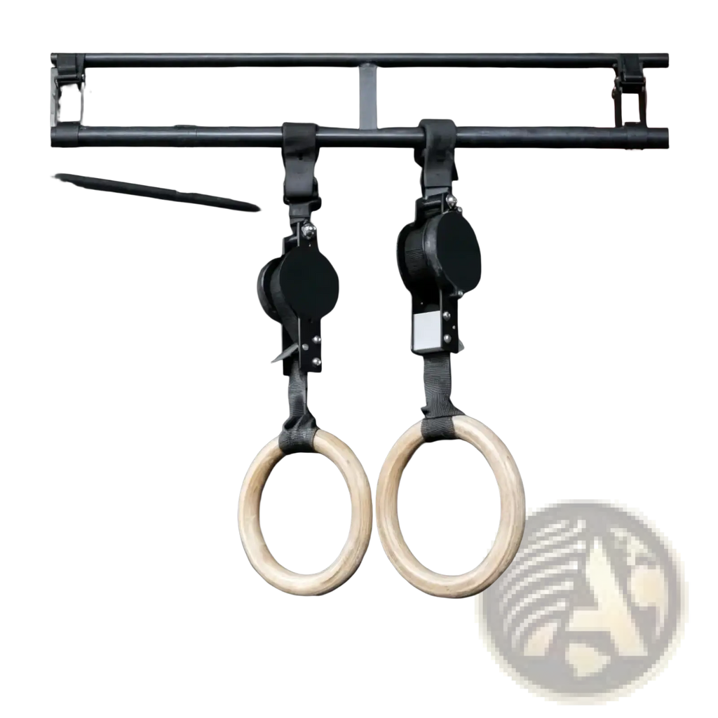 Pair of wooden gymnastics rings with black metal hardware hanging from a bar featuring numbered straps
