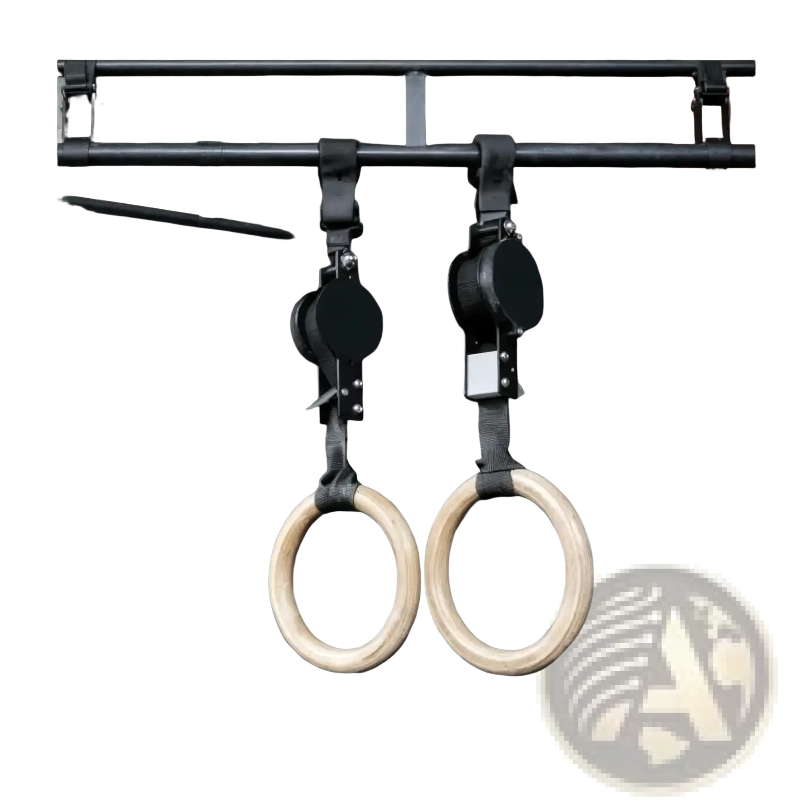Pair of wooden gymnastics rings with black metal hardware hanging from a bar featuring numbered straps