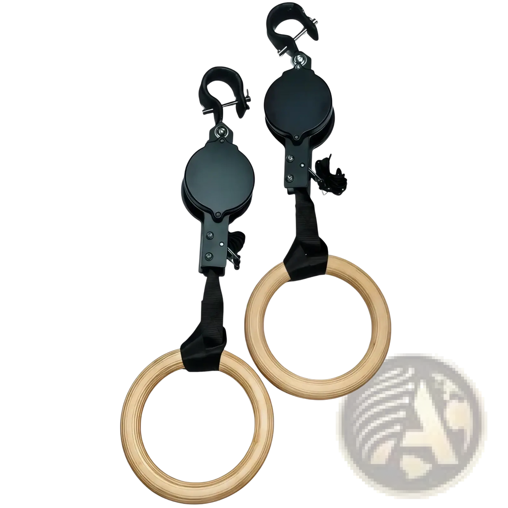 Black and natural wood wooden gymnastics rings with numbered straps and adjustable hooks for versatile workouts