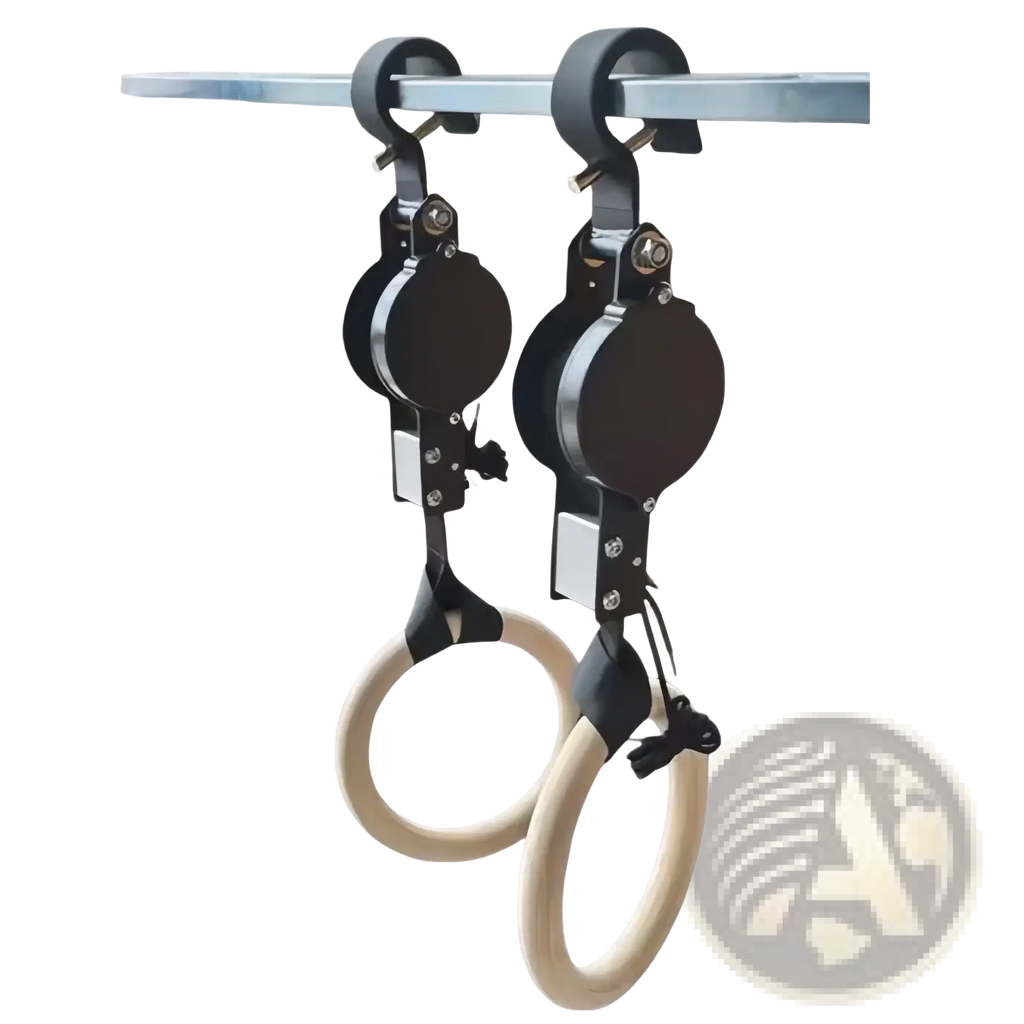 Black and silver adjustable wooden gymnastics rings with light wooden handles and numbered straps hanging from a metal bar