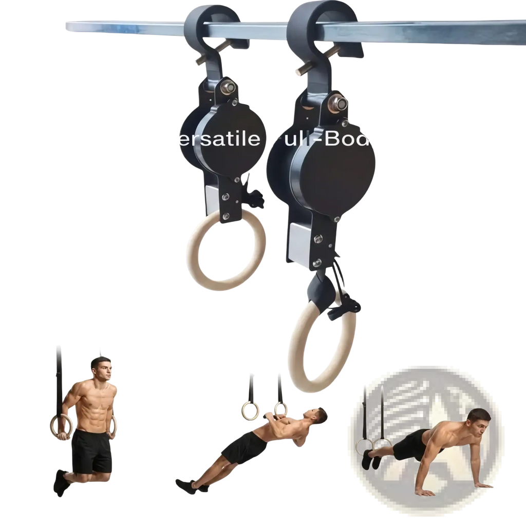 Wooden gymnastics rings with numbered straps in black and silver with beige rubberized grips for versatile workouts