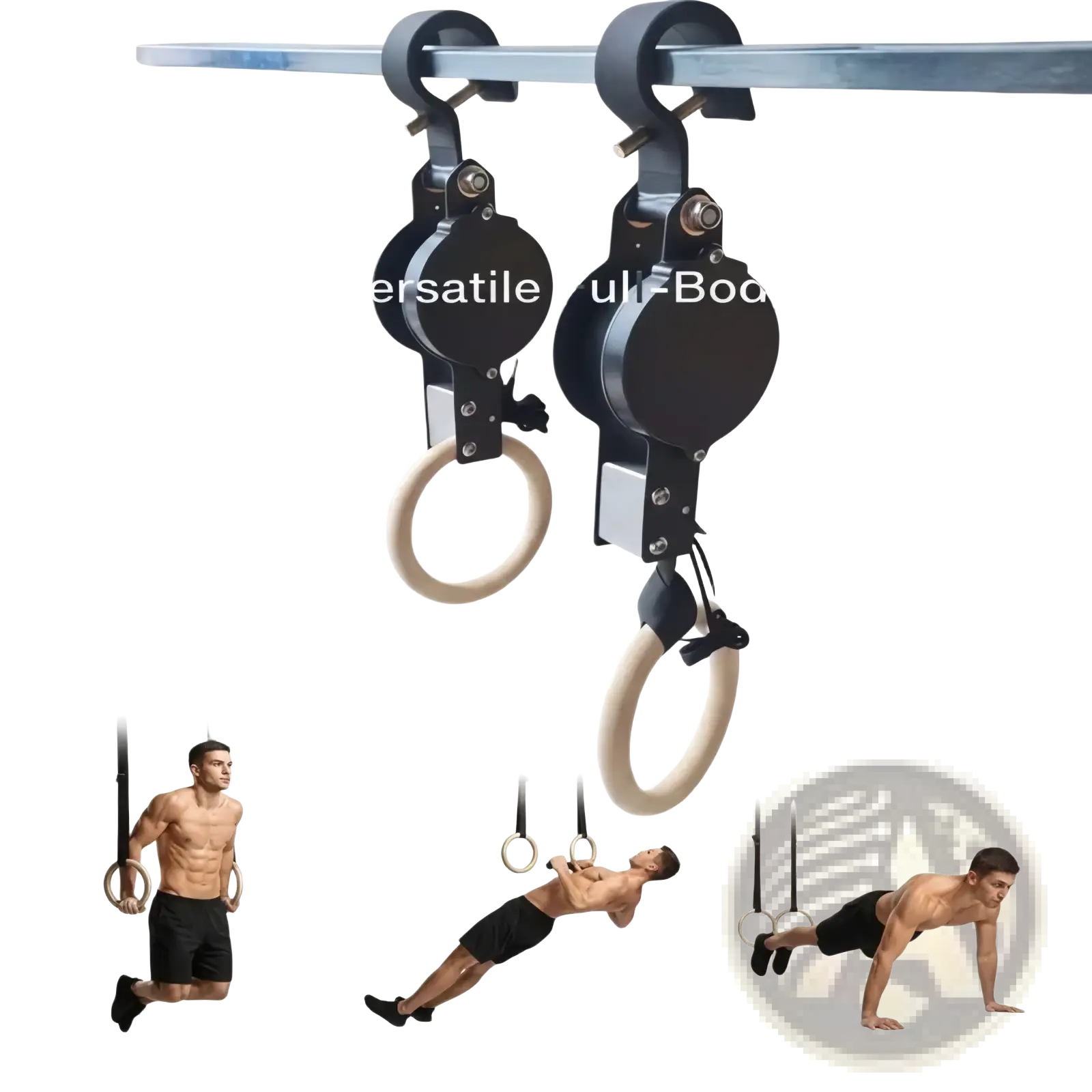 Wooden gymnastics rings with numbered straps in black and silver with beige rubberized grips for versatile workouts