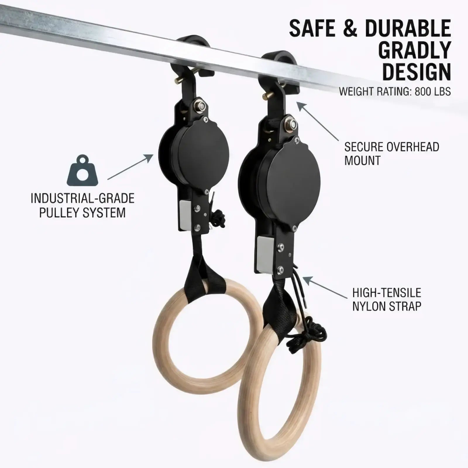 Black and wood wooden gymnastics rings with numbered straps and industrial-grade pulley system for strength training
