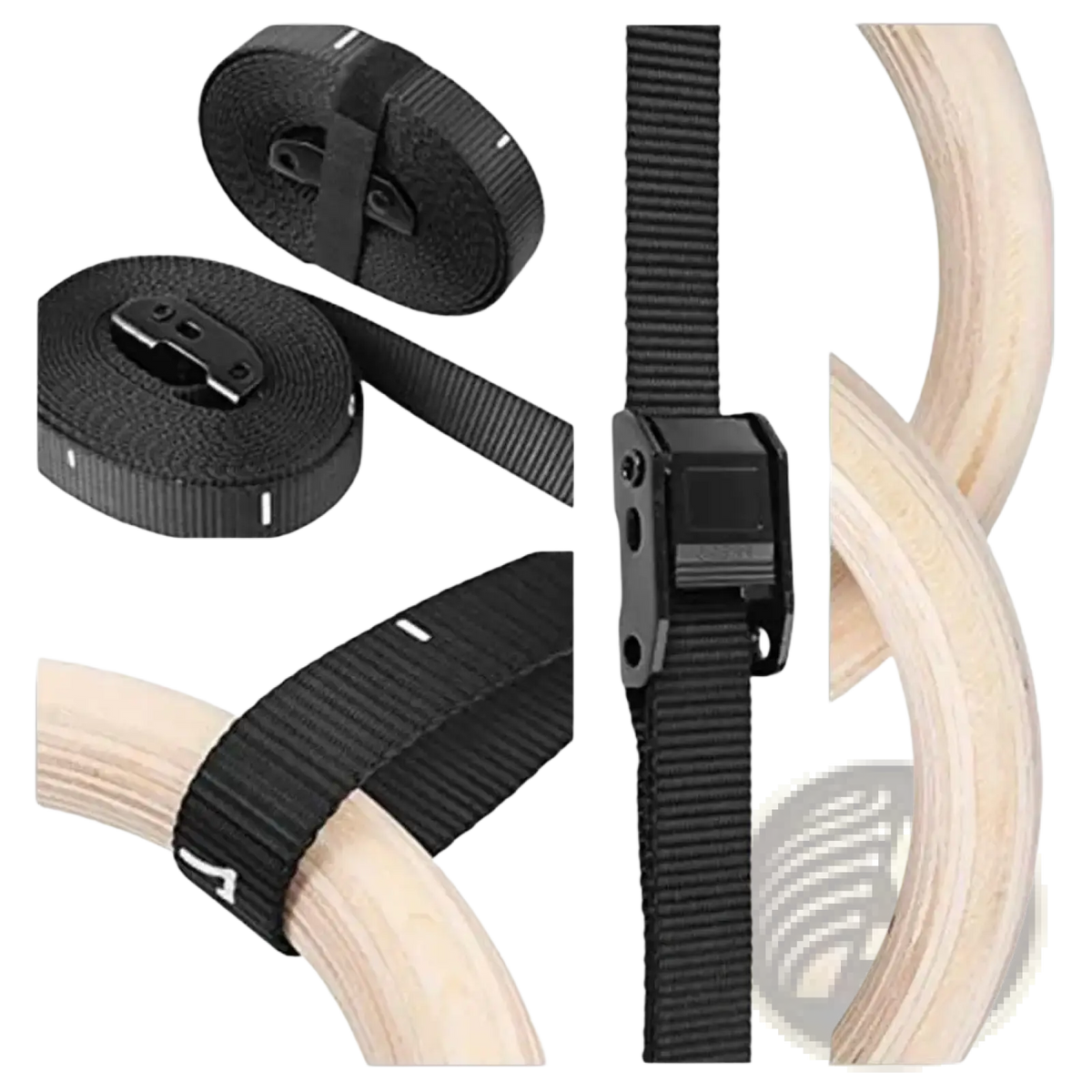 Black nylon straps with plastic buckles securing light wooden gymnastics rings for strength training