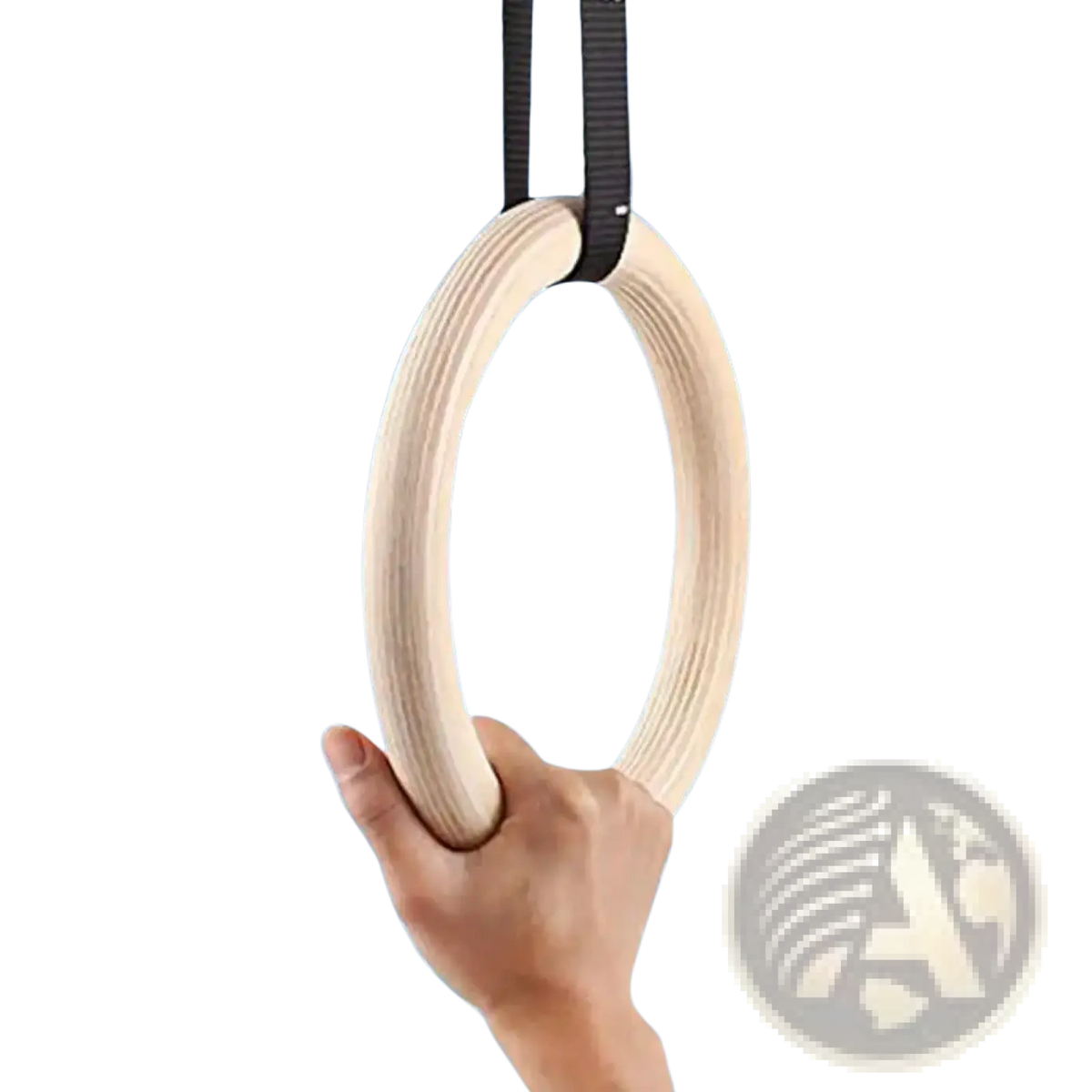 Light-colored wooden gymnastics ring with ribbed texture and black strap attachment for strength training