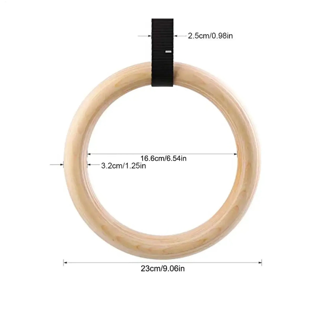 Light-colored wooden gymnastics rings with black strap for strength training and fitness exercises