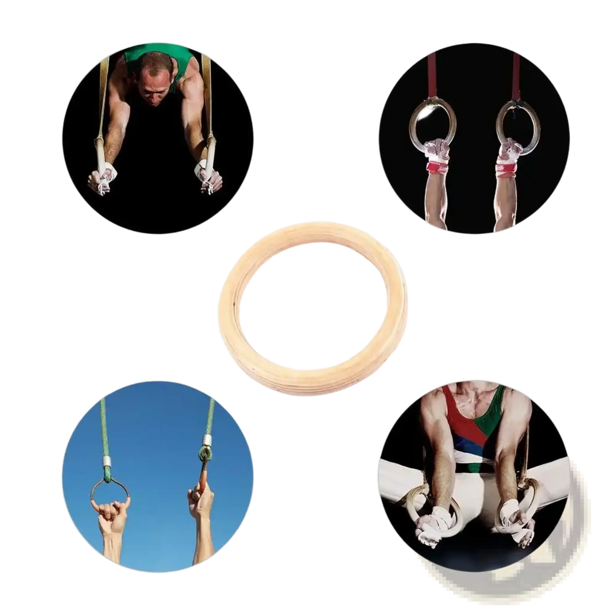 Natural wood gymnastics rings with smooth light-colored finish and classic circular design for strength training