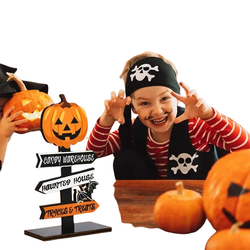 Wooden halloween directional sign desktop decoration with black and white pirate theme and orange pumpkin cutout