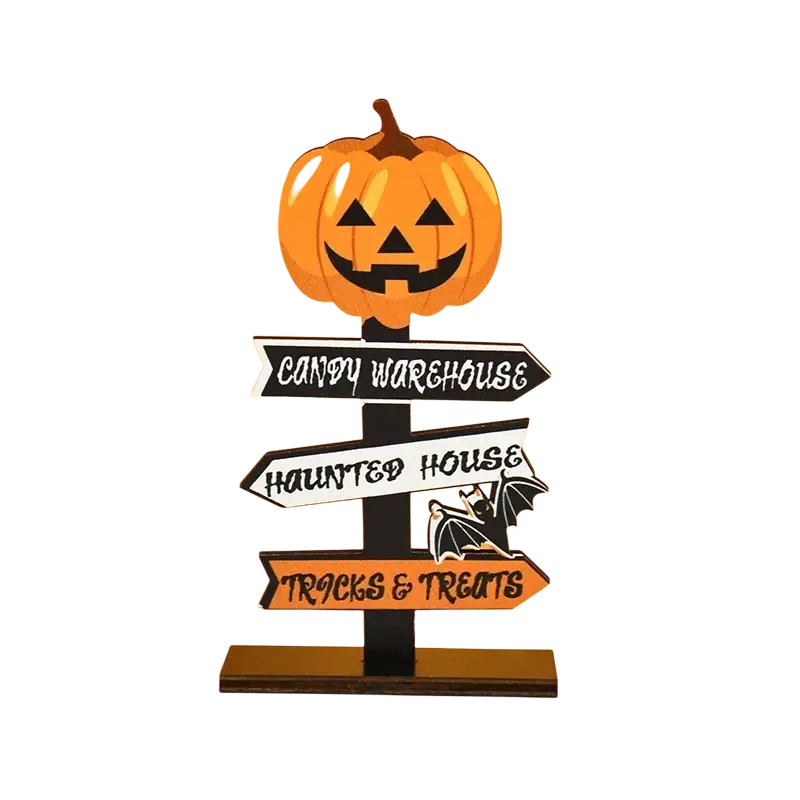 Wooden Halloween directional sign desktop decoration with an orange carved pumpkin featuring black eyes and mouth