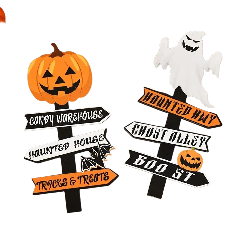 Wooden halloween directional sign with orange pumpkin face and black arrow reading candy warehouse for desktop decoration