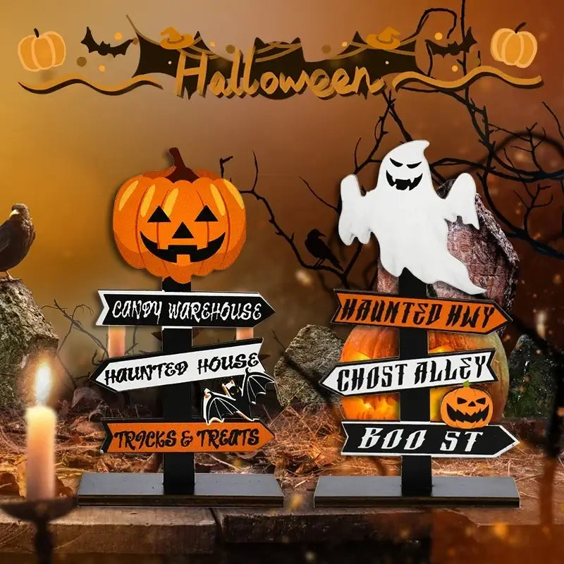 Wooden halloween directional sign with orange pumpkin shape and black stand featuring candy warehouse haunted house and treats signs