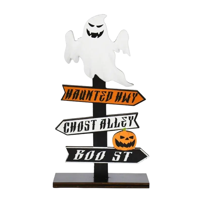 Wooden halloween directional sign desktop decoration featuring a white ghost shape with orange black and white arrows