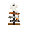 Wooden halloween directional sign desktop decoration featuring white ghost shape with orange black and white street signs
