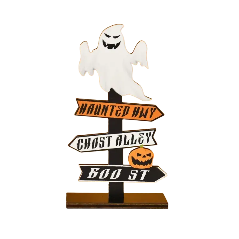 Wooden halloween directional sign desktop decoration featuring white ghost shape with orange black and white street signs