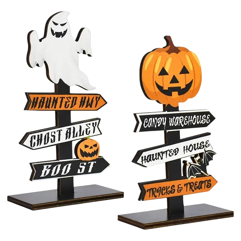 Wooden halloween directional sign set featuring a white ghost and orange pumpkin for desktop decoration