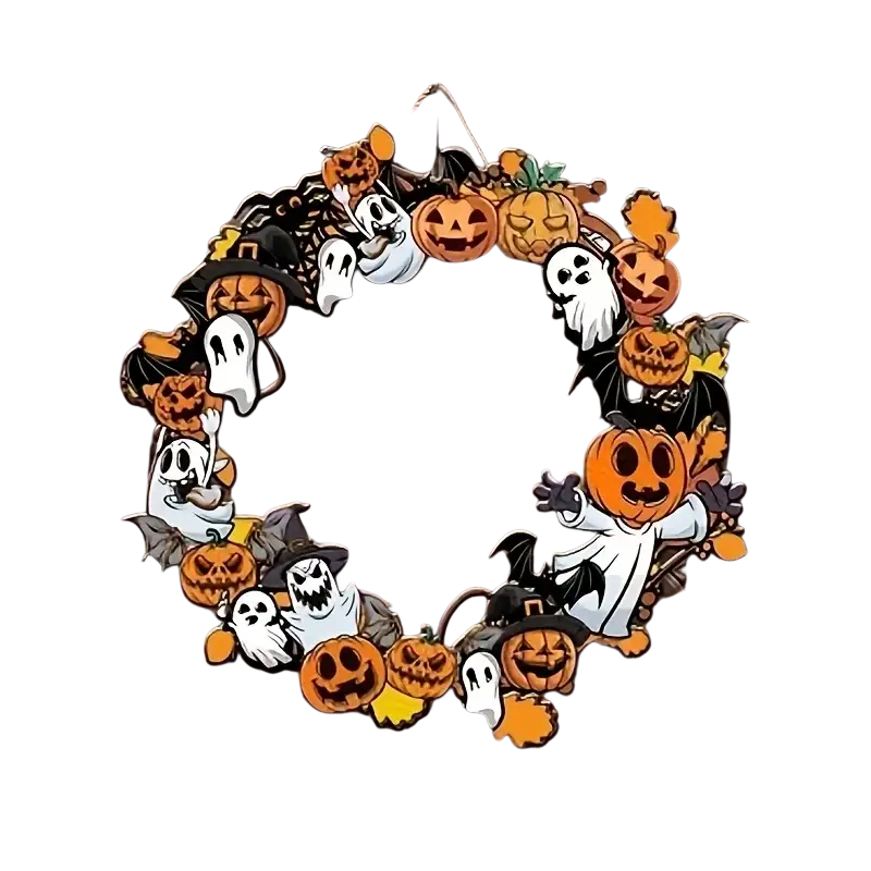 Wooden halloween pumpkin ghost wall sign plaque featuring a festive wreath with orange pumpkins white ghosts and black bats