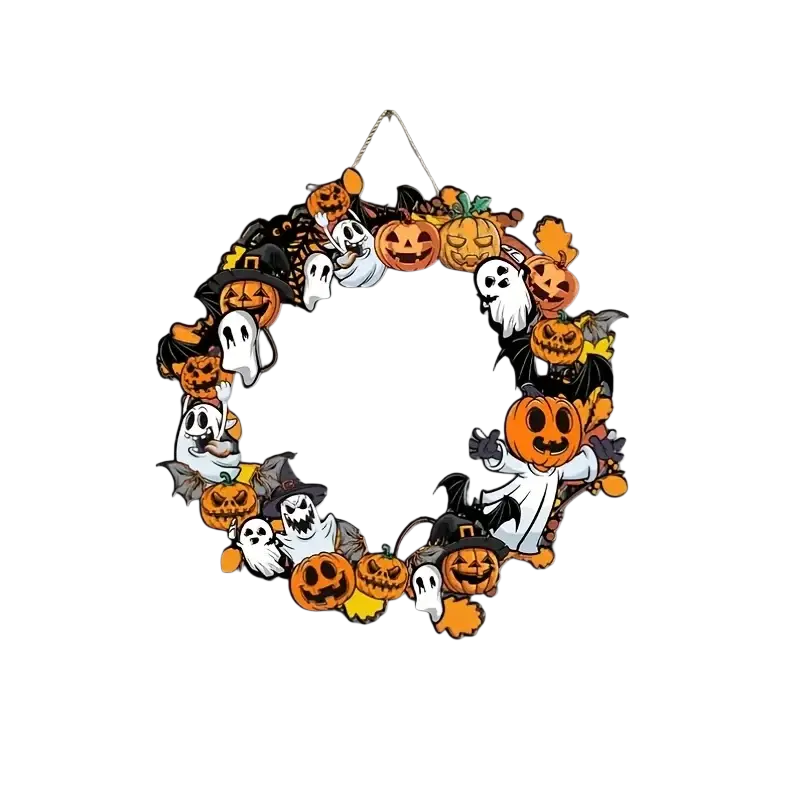 Wooden halloween pumpkin ghost wall sign plaque featuring a festive wreath with orange pumpkins white ghosts and witches