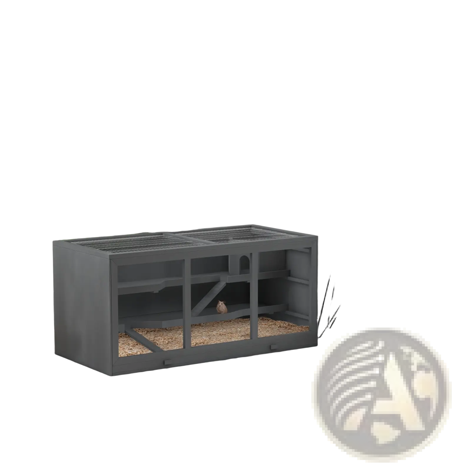 Gray wooden hamster cage with mesh top and interior bedding designed as a multi-level small animal habitat