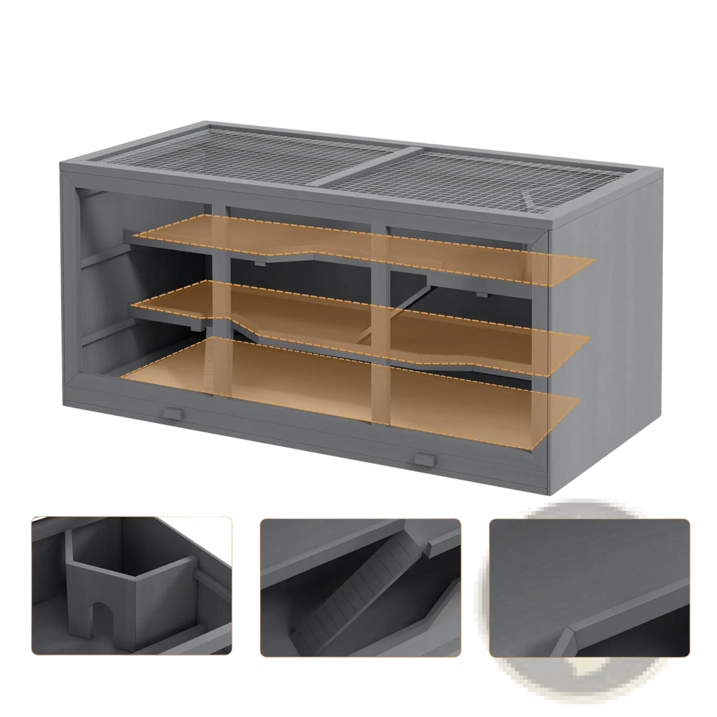 Gray wooden hamster cage with three levels mesh top and wooden shelves suitable for small animal habitat