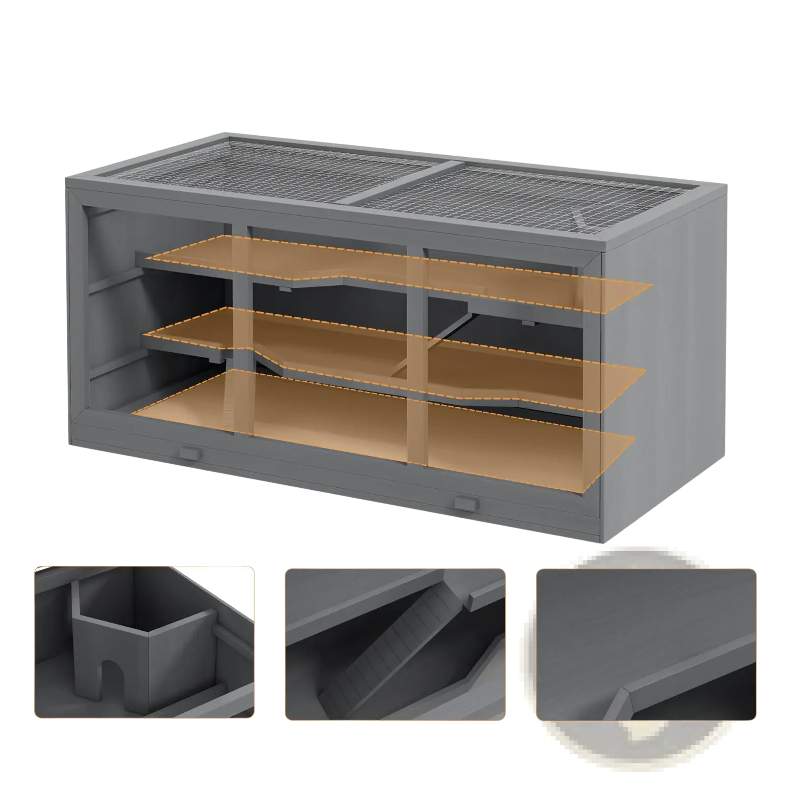 Gray wooden hamster cage with three levels mesh top and wooden shelves suitable for small animal habitat