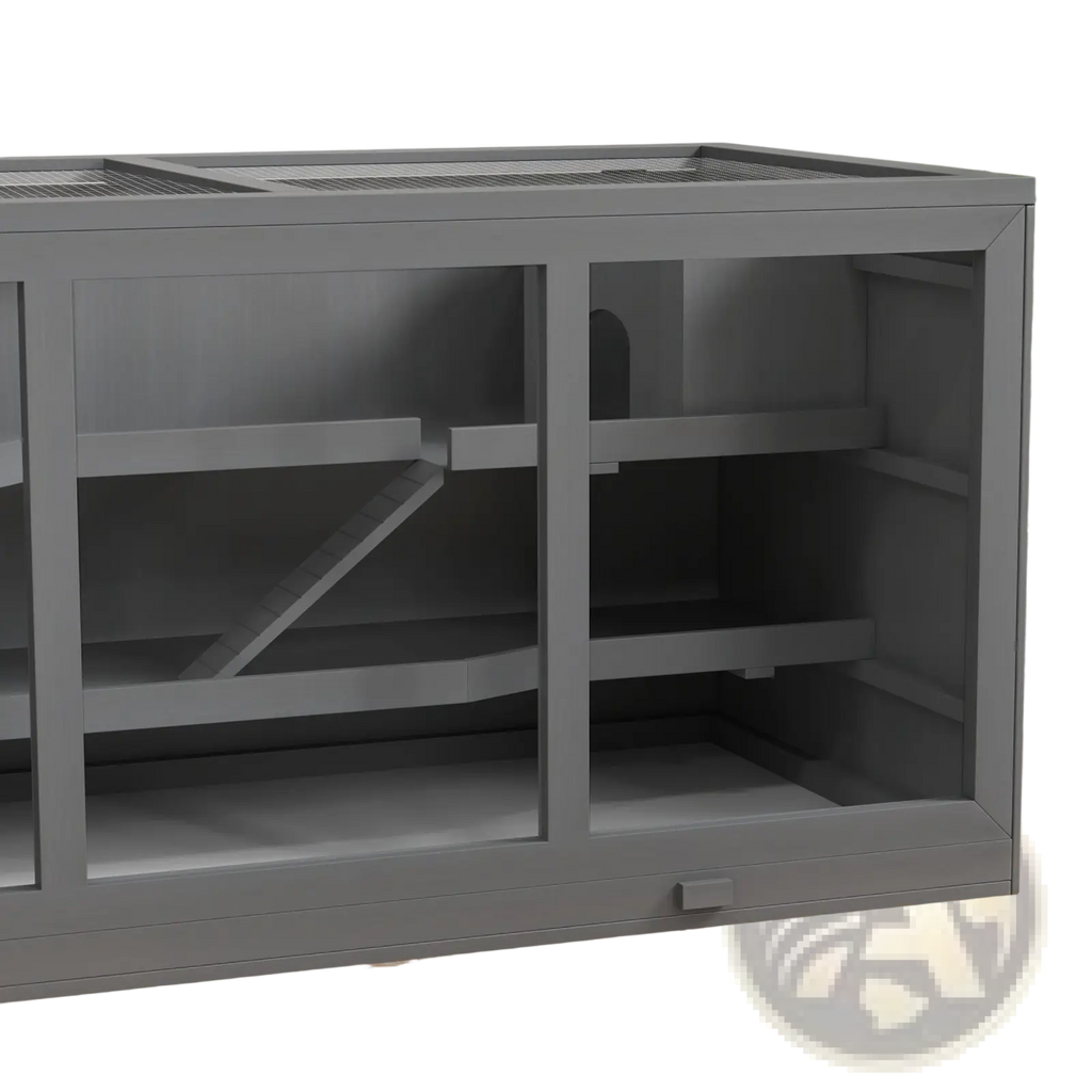 Gray plastic wooden hamster cage with glass panels and internal wooden platforms for small animal habitat