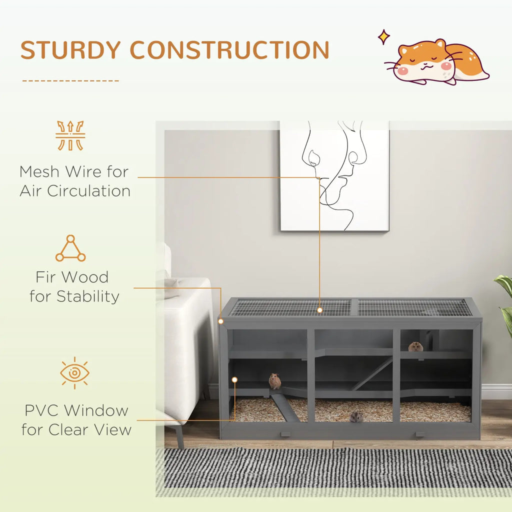 Wooden hamster cage multi-level small animal habitat with gray metal mesh wire top fir wood frame and pvc window panels