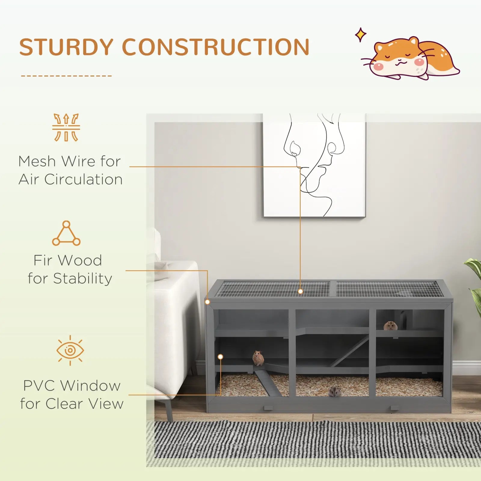Wooden hamster cage multi-level small animal habitat with gray metal mesh wire top fir wood frame and pvc window panels