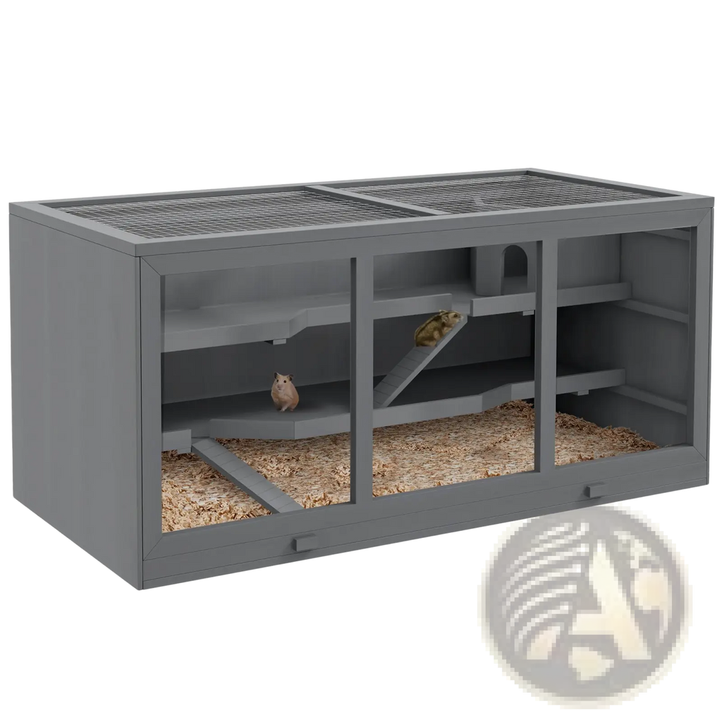 Gray wooden hamster cage with multiple levels mesh top and glass front panels for small animal habitat