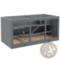 Gray wooden hamster cage with multiple levels mesh top and glass front panels for small animal habitat