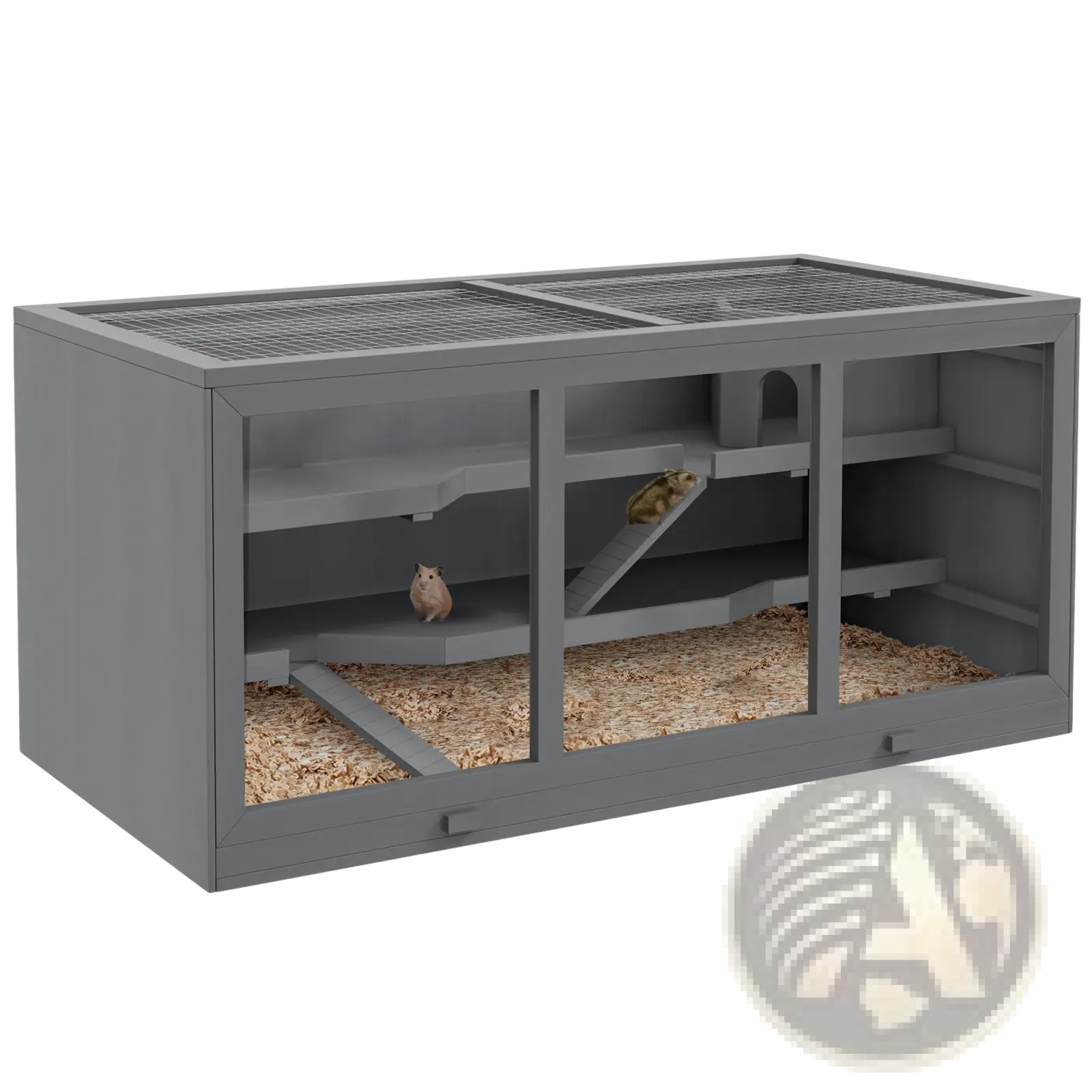 Gray wooden hamster cage with multiple levels mesh top and glass front panels for small animal habitat
