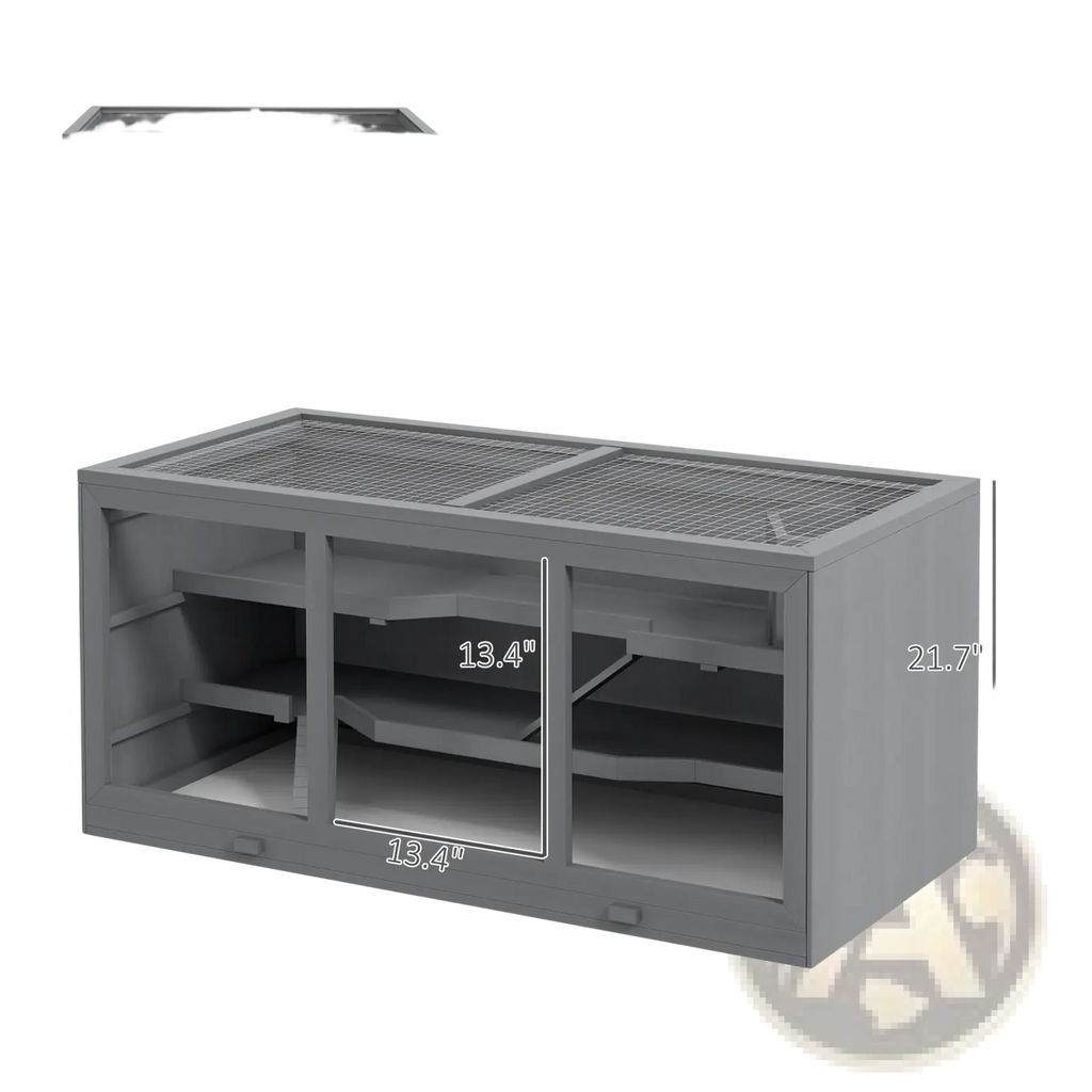 Gray plastic reptile enclosure with mesh top and internal shelves for multi-level small animal habitat use