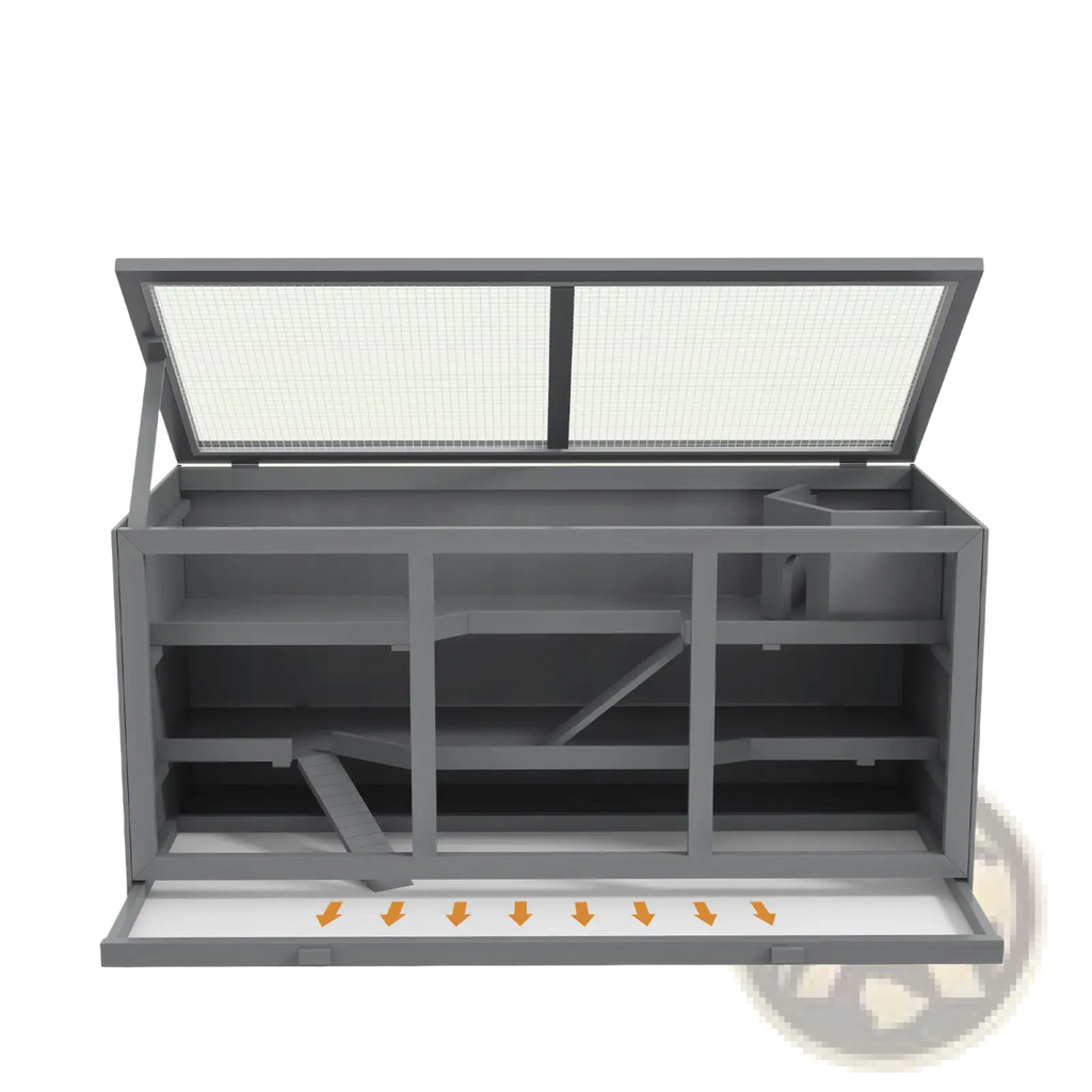 Gray metal hamster habitat with mesh top and pull-out tray designed as a multi-level small animal wooden cage